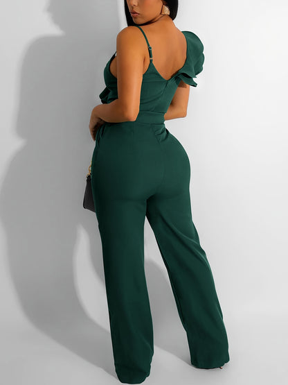 Womens Jumpsuits Ruffle Backless V-Neck Sleeveless Casual Belted Wide Leg Pant Romper Party Clubwear