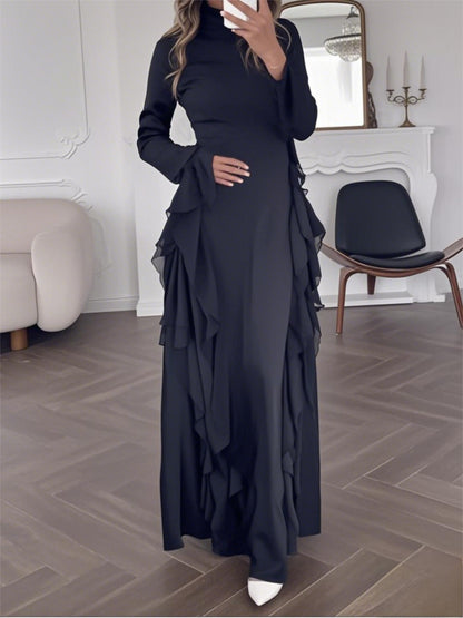 Elegant White Mock Neck Maxi Dress with Bell Sleeves & Ruffle Hem - Fitted Top & Flowy Skirt, Machine Washable Polyester, Non-Stretch, Versatile for Fall Events & All-Season Wear, Formal Event Attire, Nonstretch Material
