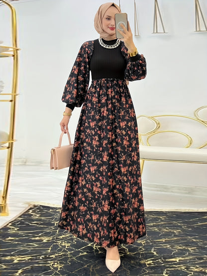 Women's Middle Eastern-Inspired Floral Print Maxi Dress - Polyester-Spandex Blend, Machine Washable, All-Season Versatile Wear, Elegant Casual to Formal Occasion Dress