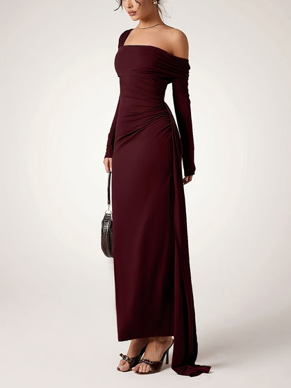 Elegant Off-Shoulder Maroon Maxi Dress for Women - Long Sleeve, Ruched Design, Perfect for Formal Events, Adult Fashion, Formal Evening Wear|Ruched Texture|Polyester Fabric