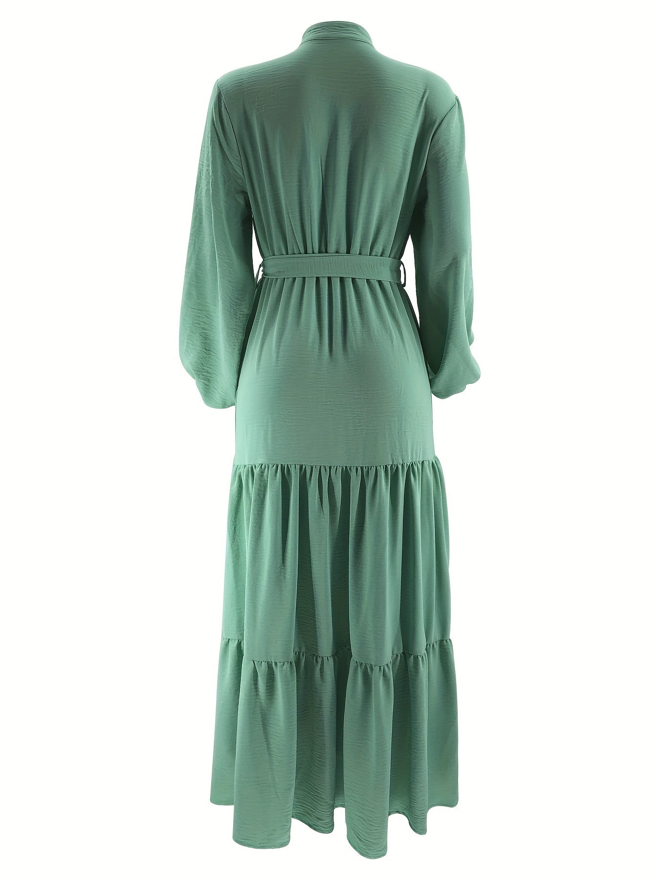 [Light Green Maxi Dress] Casual Light Green Polyester Maxi Dress - Elegant Solid Color with Ruffle Hem & Button Detail, Machine Washable - Hijab Not Included