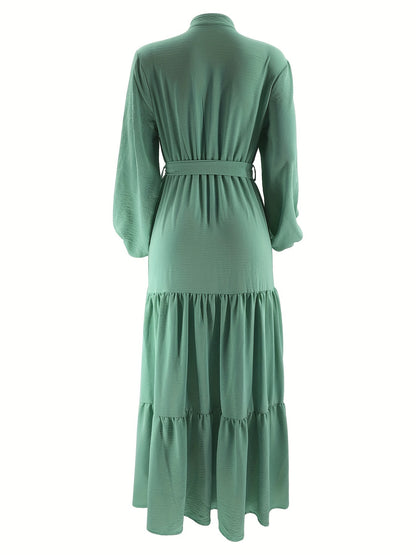 [Light Green Maxi Dress] Casual Light Green Polyester Maxi Dress - Elegant Solid Color with Ruffle Hem & Button Detail, Machine Washable - Hijab Not Included