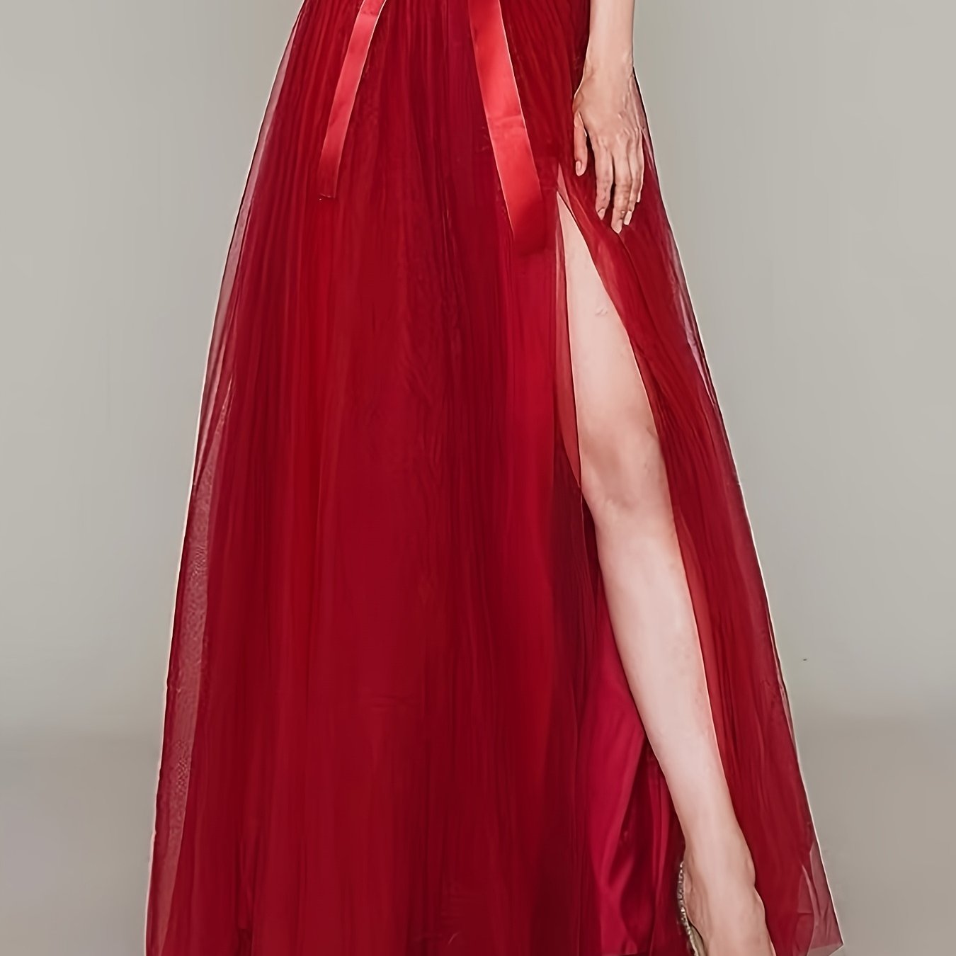 [Elegant Maxi Skirt] Red Elegant High-Waist Tulle Maxi Skirt | Asymmetrical Hem, Solid Color Polyester Lined, All-Season Mesh A-Line Skirt with Elastic Waistband, Formal Event Attire, Flowing Design, Polyester Lining