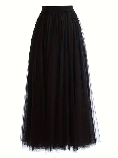 [Elegant Maxi Skirt] Red Elegant High-Waist Tulle Maxi Skirt | Asymmetrical Hem, Solid Color Polyester Lined, All-Season Mesh A-Line Skirt with Elastic Waistband, Formal Event Attire, Flowing Design, Polyester Lining