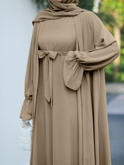 Middle Eastern Muslim Elegant Chiffon Abaya Set with Vest and Belted Outer Wrap