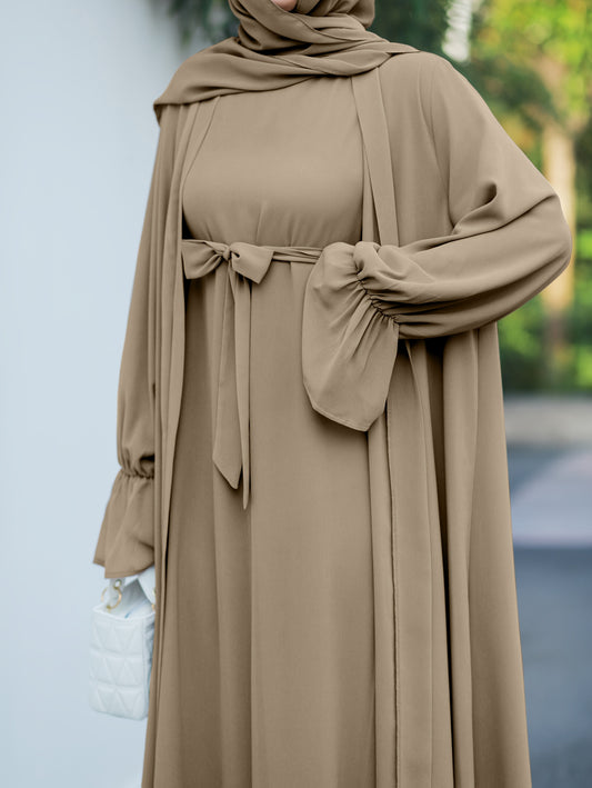 Middle Eastern Muslim Elegant Chiffon Abaya Set with Vest and Belted Outer Wrap