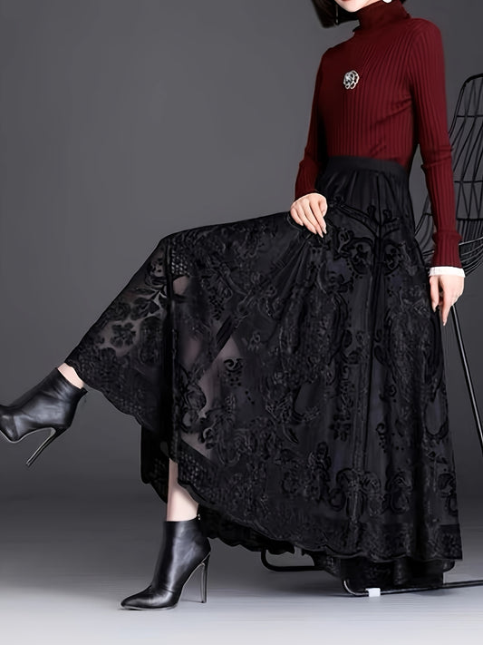 [Elegant Floral Lace Skirt] High-Waist A-Line Midi Skirt - Elegant Floral Lace, 100% Polyester Knit Fabric, Contrast Lace Detail - Women's, Spring/Fall Season