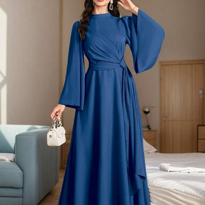 [Muslin Ramadan Dress] Ramadan Women's Evening Dress, Muslin Arabic Gown with Long Flared Sleeves, Stand Collar, Side Embellishments