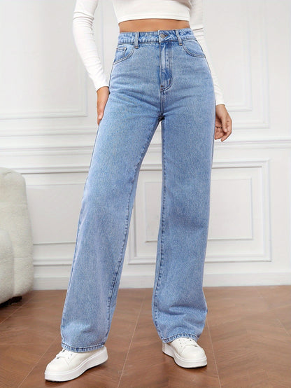 Women's High Waist Stretchy Jeans - Non-See-Through Washed Denim Pants with Straight Leg Fit, Stretchy Fabric for Everyday & Formal Outfits - Machine Washable All-Season Women's Pants, Street Style, Sleek Silhouette, Comforta