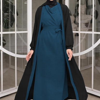 [Polyester Elegant Dress] Elegant Middle Eastern Muslim Style Long Sleeveless Dress with Belt | Polyester Fabric, Solid Color, Casual Fashion, All-Season Wear, Includes Contrast Color Long Jacket, No Headscarf