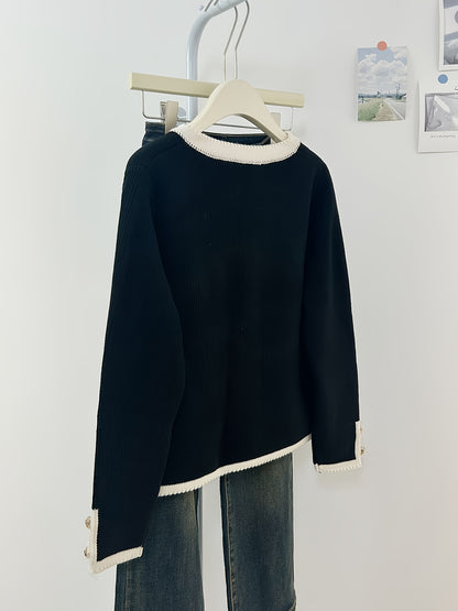 Women'S Elegant Cardigan - Black & Beige Two-Tone Sweater, Long Sleeve Open Front Button Closure, Fall/Winter Layering Piece for Casual Formal Outfits - Women'S Chic Sweater, Cardigan Sweater, Winter Fashion, Stylish Knitwear