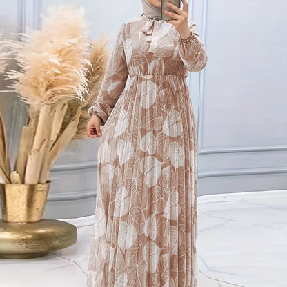[Modest Wear Muslim Dress] Modest Wear Muslim Dress - Black & White Leaf Print Long Sleeves Polyester Blend - Pleated Waist Design, Machine Washable for All Seasons