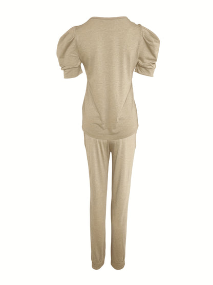[Xianluomao Two-Piece Suit] Xianluomao Round Neck Puff Sleeve Top + Pants Two-Piece Suit | Directional