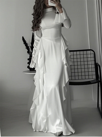 Elegant White Mock Neck Maxi Dress with Bell Sleeves & Ruffle Hem - Fitted Top & Flowy Skirt, Machine Washable Polyester, Non-Stretch, Versatile for Fall Events & All-Season Wear, Formal Event Attire, Nonstretch Material