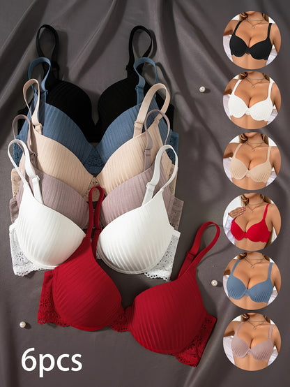 6pcs Women's Elegant Striped Push-Up Bra Set in Black, Beige, Red, White, Light Blue, Navy Blue - Soft, Breathable, Full Coverage Underwire Support with Lace Detailing | Comfortable Everyday Bras | Elegant Striped Bra Set | C