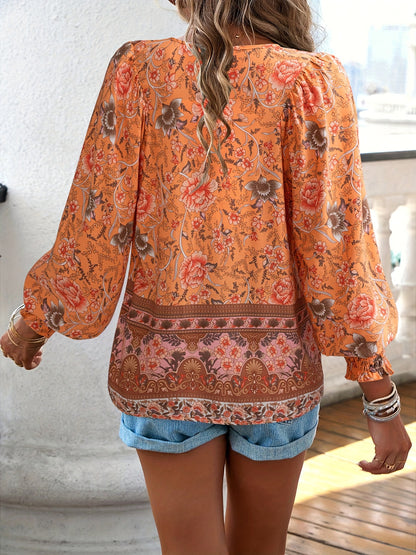 Floral Print V Neck Blouse, Casual Drawstring Long Sleeve Blouse For Spring & Fall, Women'S Clothing