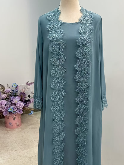 Women's 3pcs Islamic Abaya Muslim Modest Outfit Set - Long Sleeve Elegant Maxi Dress with Lace Hem & Head Veil, Loose-Fit H-Line Silhouette, Machine Washable All-Season Traditional Muslim Clothing for Prayer, Casual Attire &