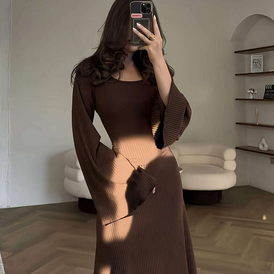 Solid Color Women'S Ribbed Knit Dress with Long Bell Sleeves, Round Neck, And Back Tie.