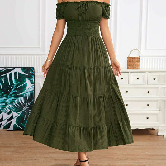 Off Shoulder Shirred Waist Dress, Elegant Aline Smocked Maxi Dress For Spring & Summer, Women's Clothing