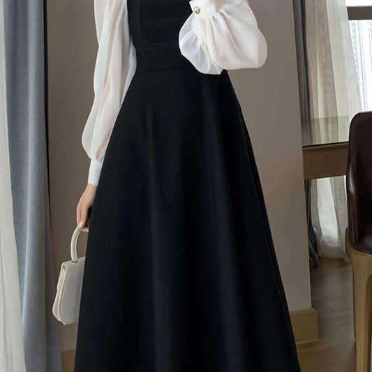 Elegant Black Organza A-Line Dress – Vintage French-Inspired