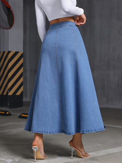 Women's Stretch Denim Midi Swing Dress with Elastic Front Buckle Closure - Streetwear Style Regular Fit Long Flowy Skirt, Machine Washable for Spring Summer Fall Casual Outfits, Seasonal Fashion, Elegant Texture