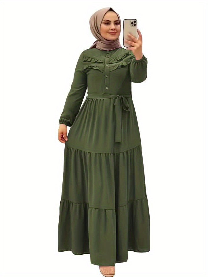 [Light Green Maxi Dress] Casual Light Green Polyester Maxi Dress - Elegant Solid Color with Ruffle Hem & Button Detail, Machine Washable - Hijab Not Included