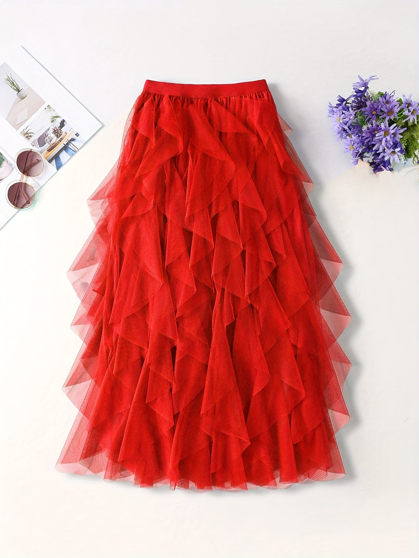 Chic Elegance, Elegant High-Waist A-Line Tulle Skirt for Women - Chic Korean-Style Spring Collection, Sheer Brown Polyester with Delicate Mesh Layers, Perfect for Summer Skirt