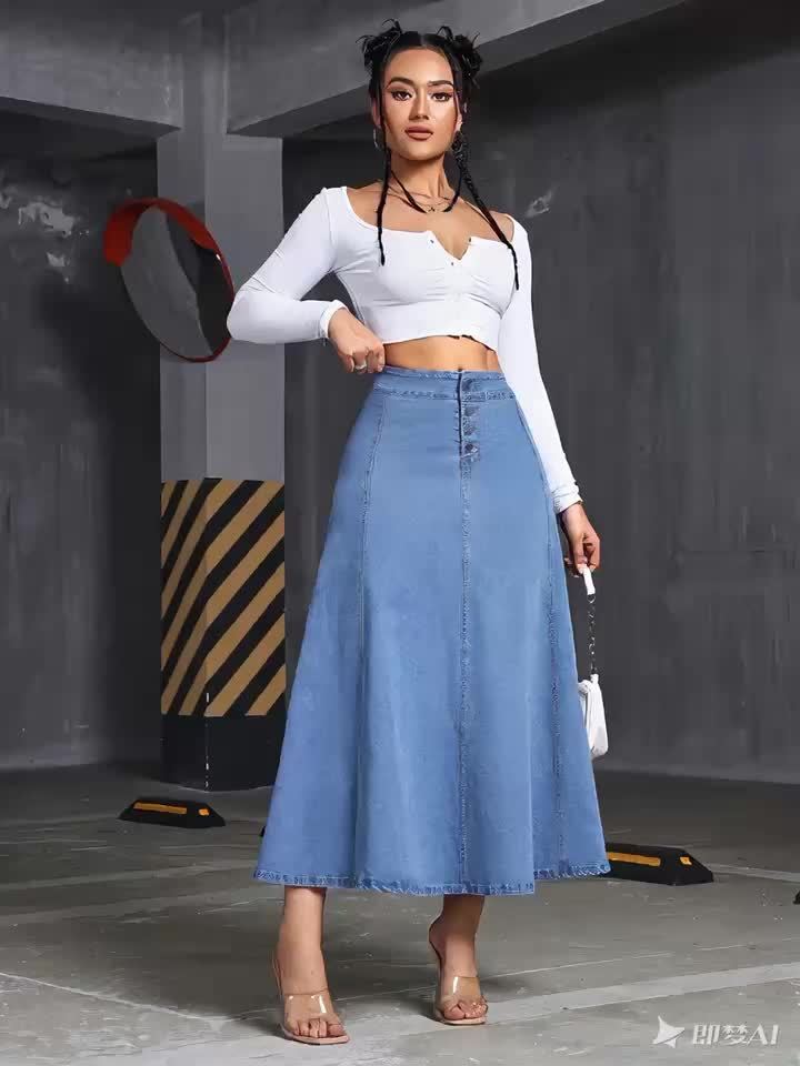 Women's Stretch Denim Midi Swing Dress with Elastic Front Buckle Closure - Streetwear Style Regular Fit Long Flowy Skirt, Machine Washable for Spring Summer Fall Casual Outfits, Seasonal Fashion, Elegant Texture