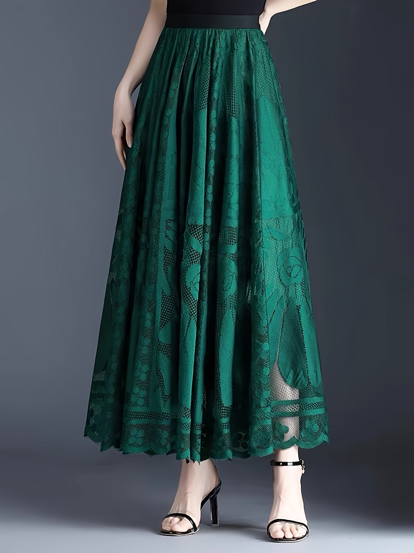 Elegant Women's A-Line Lace Skirt - Long Pleated Design with Intricate Floral Patterns, Lightweight Polyester, Ideal for Spring/Summer/Fall Events, Spring Summer Fashion|Aline Skirt|Polyester Fabric
