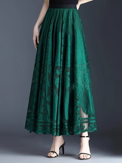 Elegant Women's A-Line Lace Skirt - Long Pleated Design with Intricate Floral Patterns, Lightweight Polyester, Ideal for Spring/Summer/Fall Events, Spring Summer Fashion|Aline Skirt|Polyester Fabric