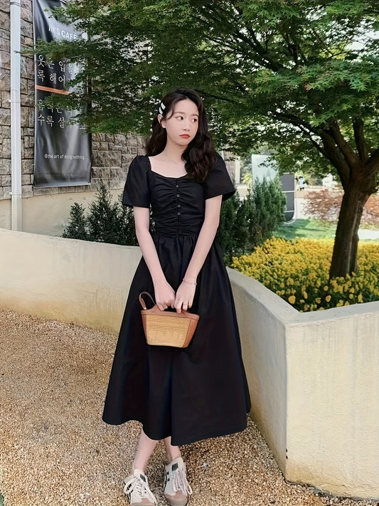 Korean-French Vintage Square Neck A-Line Dress for Women