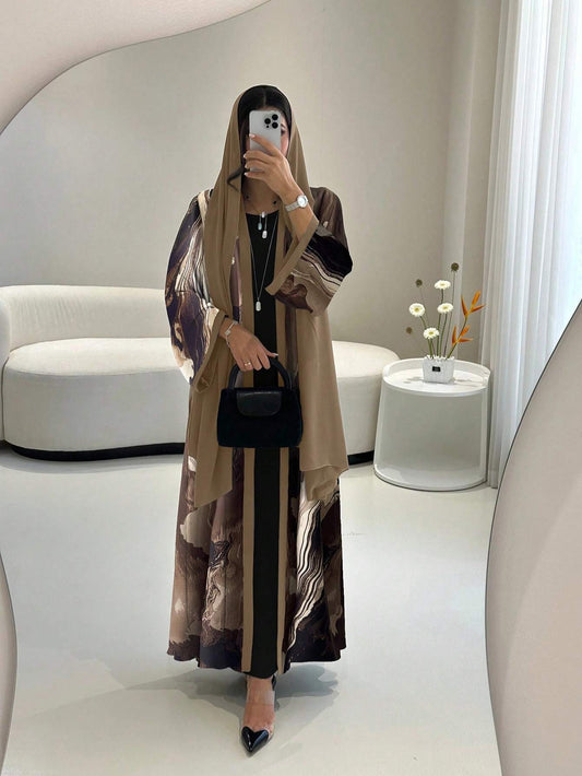 Two-Piece Elegant Brown and Black Abstract Print Robe with Matching Scarf Set, Suitable for Spring/Summer Formal or Semi-Formal Occasions