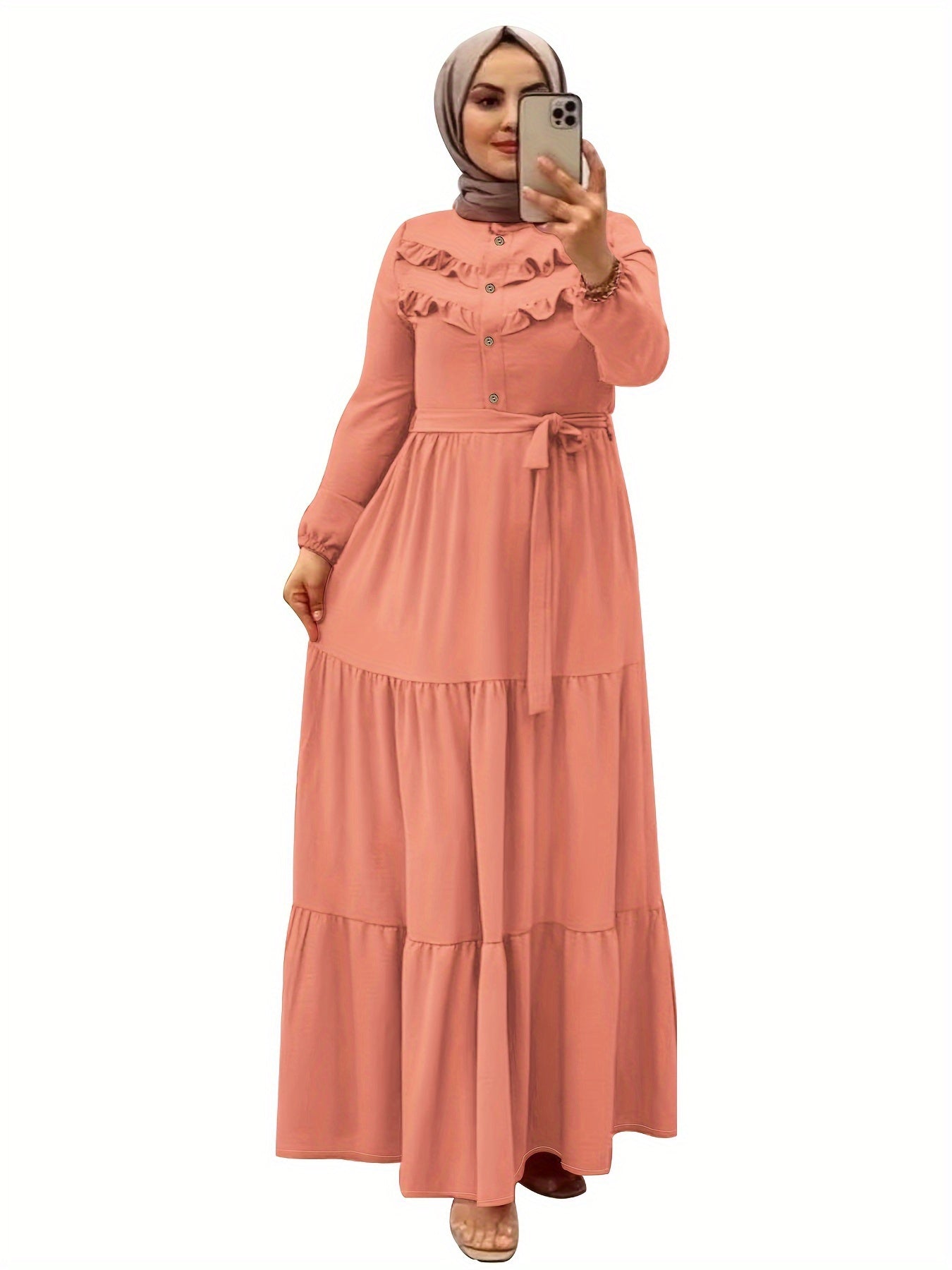 [Light Green Maxi Dress] Casual Light Green Polyester Maxi Dress - Elegant Solid Color with Ruffle Hem & Button Detail, Machine Washable - Hijab Not Included