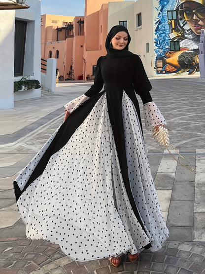 [Elegant, Women's Long Dress] Long Sleeve Women's Elegant Middle Eastern-Inspired Polka Dot & Color-Block Dress | Machine Washable, All-Season, Versatile for Casual, Party, Vacation | Modest Traditional Attire, Chiffon Fabric