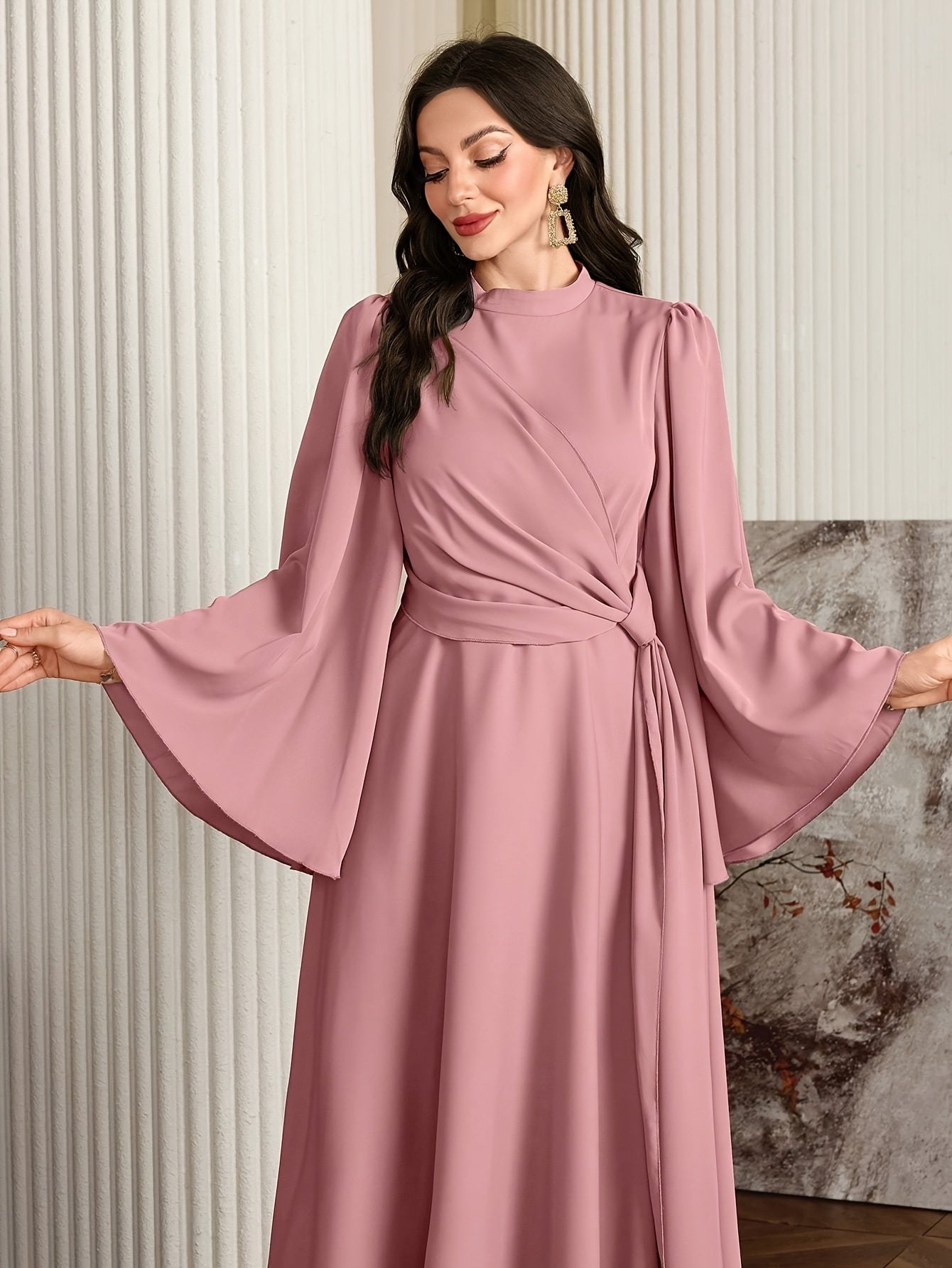 [Muslin Ramadan Dress] Ramadan Women's Evening Dress, Muslin Arabic Gown with Long Flared Sleeves, Stand Collar, Side Embellishments