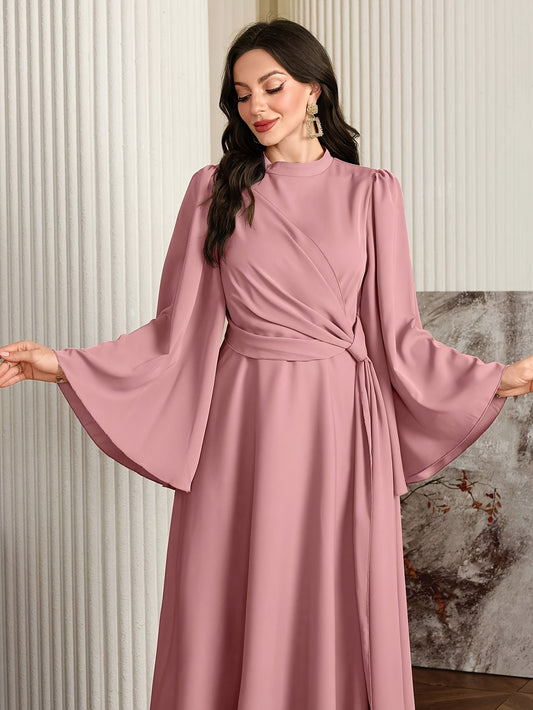 [Muslin Ramadan Dress] Ramadan Women's Evening Dress, Muslin Arabic Gown with Long Flared Sleeves, Stand Collar, Side Embellishments