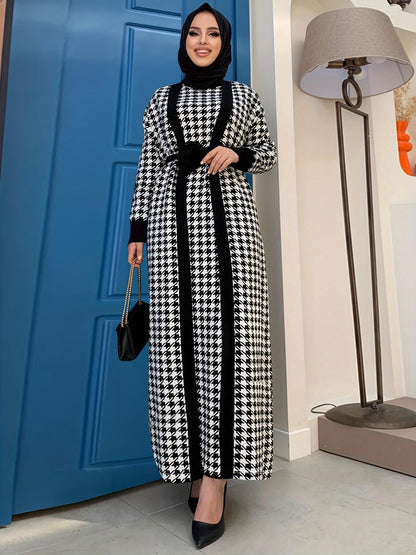 [Seasonal Chic, Elegant Hijab Suit] Elegant Houndstooth Hijab Suit Set - Chic Long Sleeve Cardigan with Belt & Maxi Dress Combo, Polyester Blend, Machine Washable - Perfect for Fall/Winter