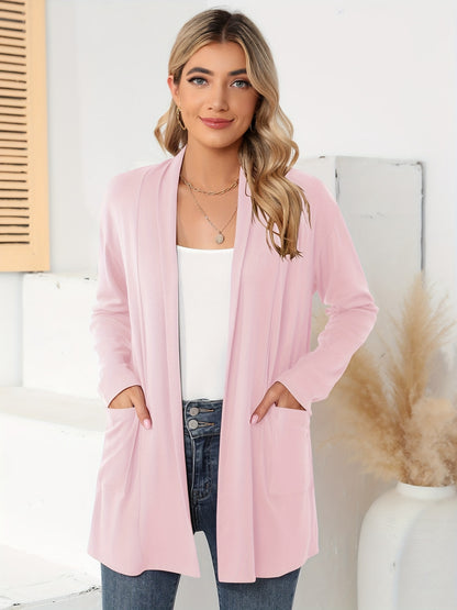 Spring & Autumn Women's Casual Solid Color Cardigan – Open Placket with Double Pocket Design