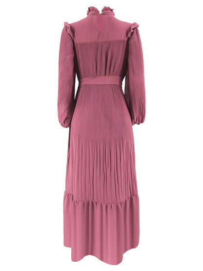 Women's Middle Eastern Muslim Abaya Kaftan Dress - Modest Long Sleeve Ruffled Hem Solid Color Traditional Dress with Belt, Machine Washable All-Season Casual Wear, Modest Apparel | Soft Texture