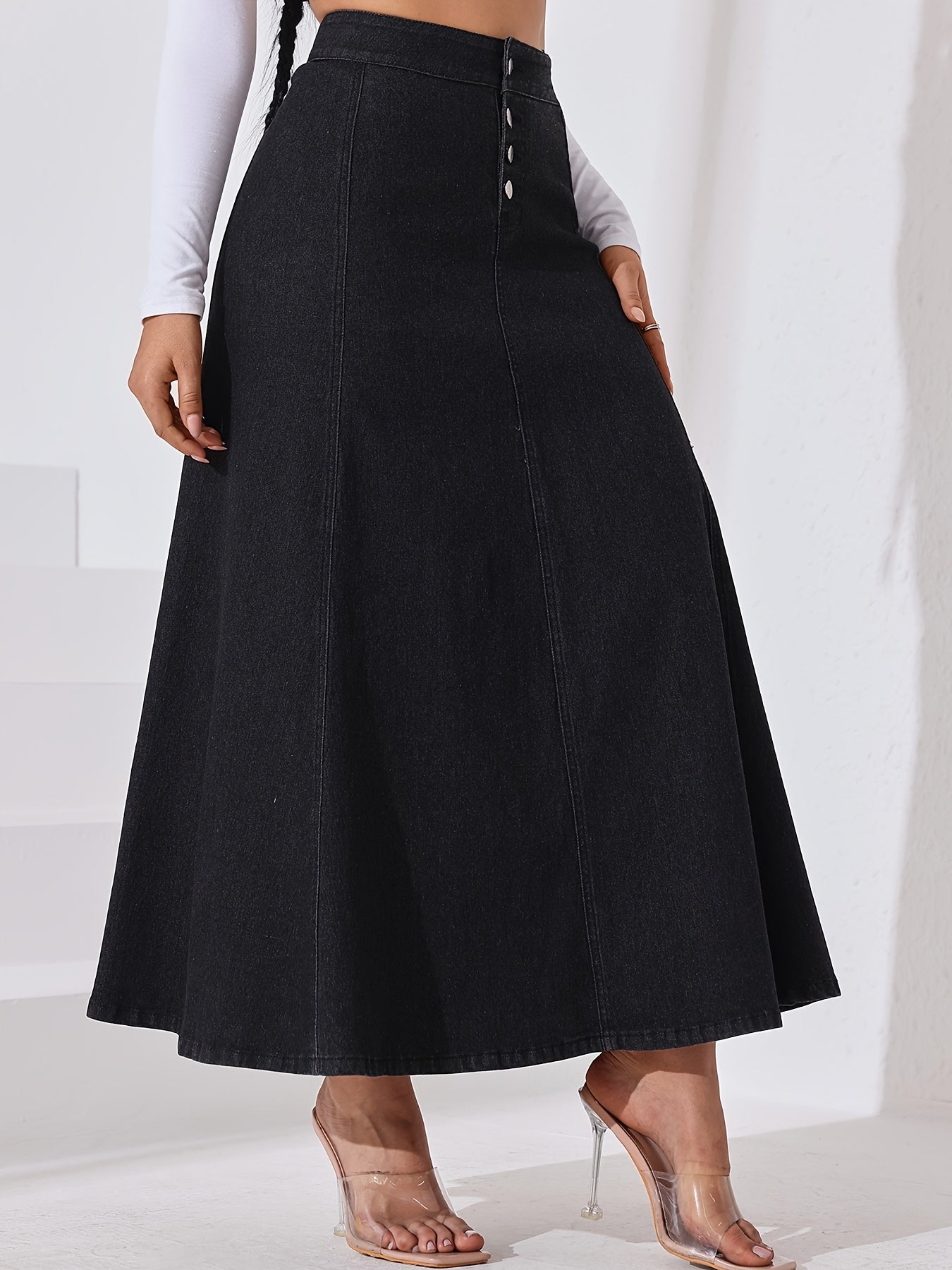 Women's Stretch Denim Midi Swing Dress with Elastic Front Buckle Closure - Streetwear Style Regular Fit Long Flowy Skirt, Machine Washable for Spring Summer Fall Casual Outfits, Seasonal Fashion, Elegant Texture
