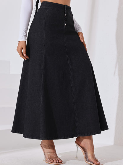 Women's Stretch Denim Midi Swing Dress with Elastic Front Buckle Closure - Streetwear Style Regular Fit Long Flowy Skirt, Machine Washable for Spring Summer Fall Casual Outfits, Seasonal Fashion, Elegant Texture
