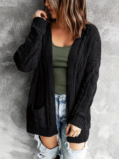 Women'S Elegant Cable Cardigan - Open Front Sweater with Side Pockets, Soft Sweater for Fall/Winter, Office, Party, Everyday Outfits - Women'S Sweater, Ladies Sweaters, Fall Wardrobe, Classic Knitwear, Cozy Material, Versatil