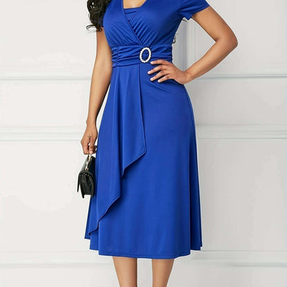 Plus Size Elegant V-Neck Belted Midi Dress with Flowy Hem