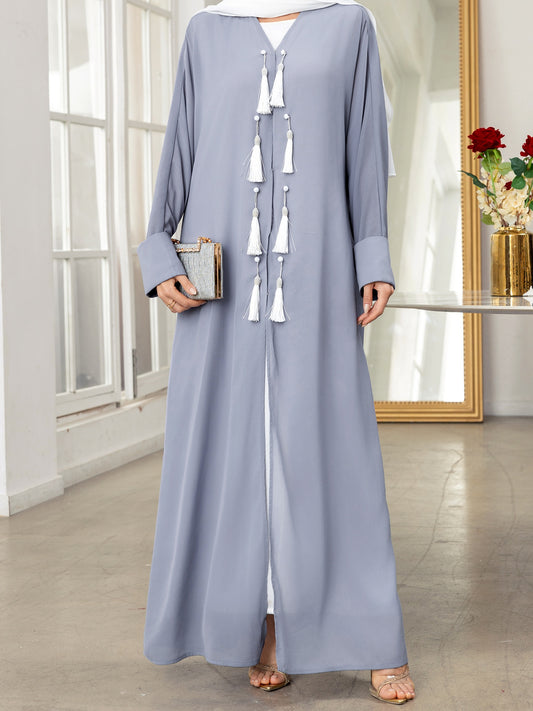 Elegant Gray Long Sleeve Tassel Cardigan - Women’s Loose Fit Caftan Gown for All Seasons, Casual Polyester Robe with Draped Design, Machine Washable