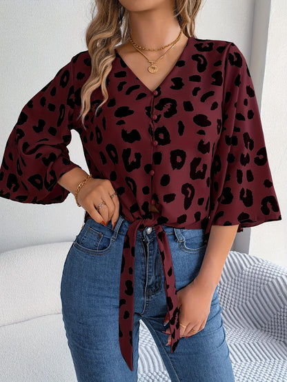 [Leopard Print Tied Bow Top] Elegant Leopard Print Spring & Summer Casual Women's Tied Bow Top