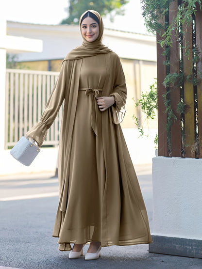 Middle Eastern Muslim Elegant Chiffon Abaya Set with Vest and Belted Outer Wrap