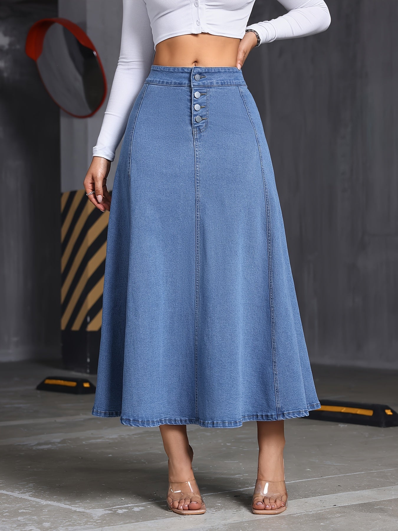 Women's Stretch Denim Midi Swing Dress with Elastic Front Buckle Closure - Streetwear Style Regular Fit Long Flowy Skirt, Machine Washable for Spring Summer Fall Casual Outfits, Seasonal Fashion, Elegant Texture