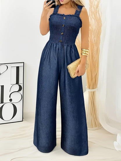 Women's One-piece Overalls Romper Smocked Front Wide Pants Jumpsuit