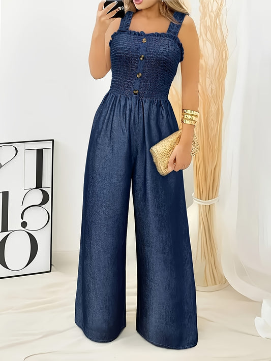 Women's One-piece Overalls Romper Smocked Front Wide Pants Jumpsuit