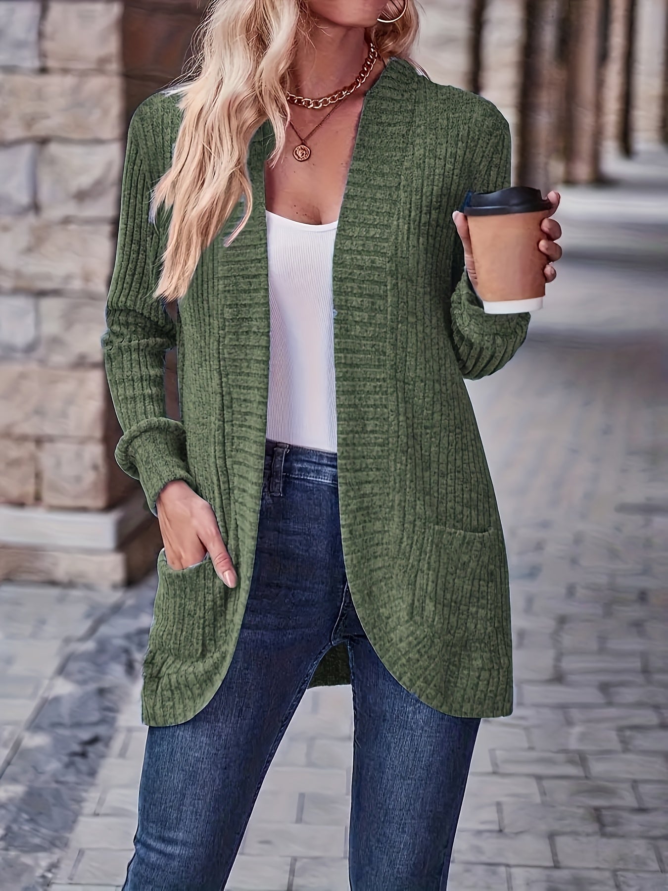 [Elegant Women's Blouse] Elegant & Chic Women's Loose Fit Long Sleeve Blouse | Open Collar Casual Top with Side Pockets, Machine Washable, Mustard-Yellow, Non-Transparent, All-Season, Medium Elasticity, Versatile, Quality Sti
